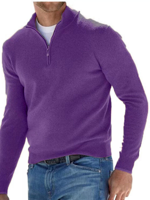 Long Sleeve V Neck Wool Fleece Zipper Men's Casual Top Polo Shirt