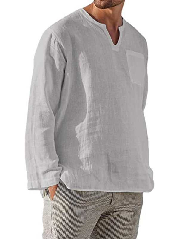 Men's Long Sleeve V Neck Casual Beach Linen Shirt