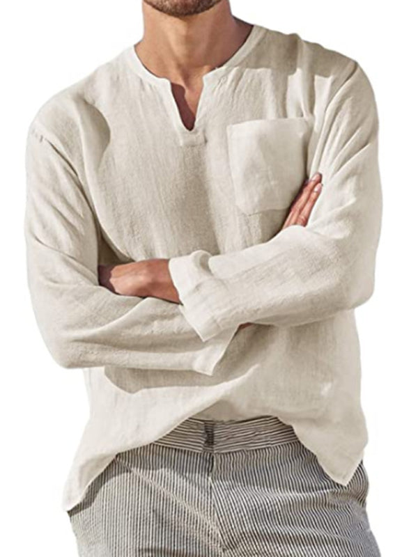 Men's Long Sleeve V Neck Casual Beach Linen Shirt