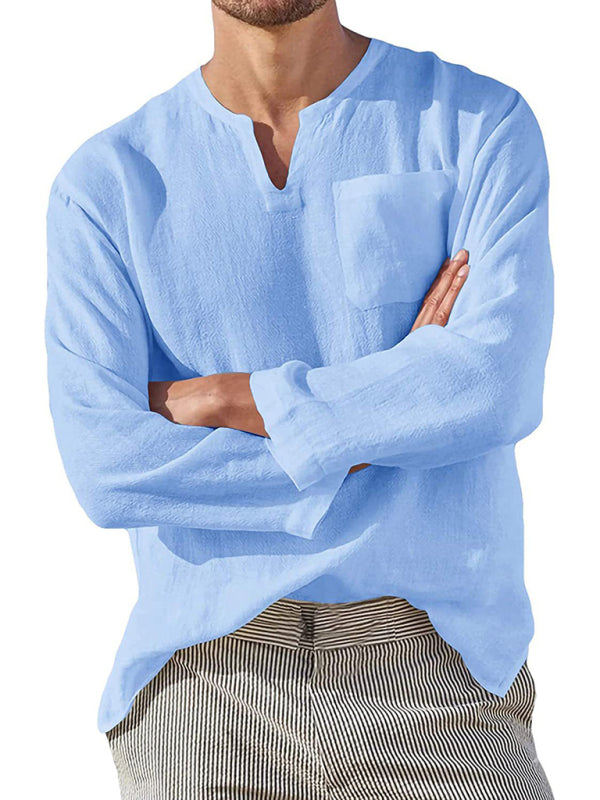 Men's Long Sleeve V Neck Casual Beach Linen Shirt