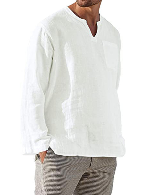 Men's Long Sleeve V Neck Casual Beach Linen Shirt