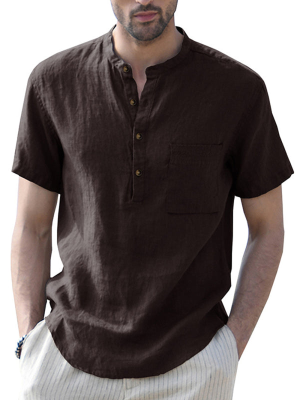 Men's Woven Casual Stand Collar Linen Short Sleeve Shirt