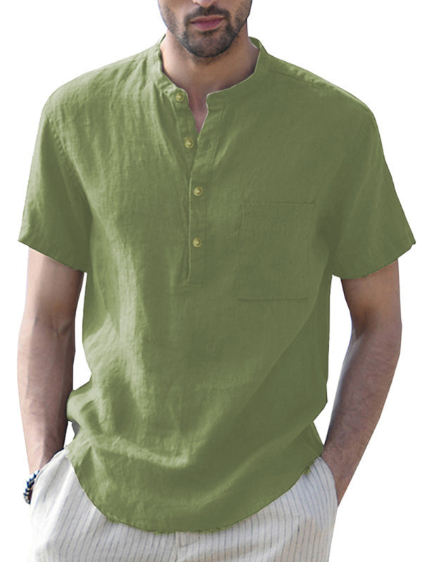 Men's Woven Casual Stand Collar Linen Short Sleeve Shirt