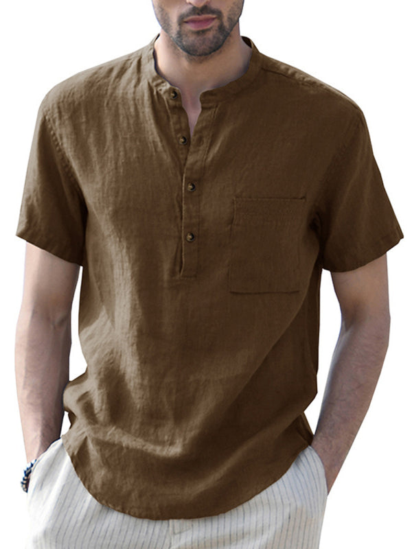 Men's Woven Casual Stand Collar Linen Short Sleeve Shirt