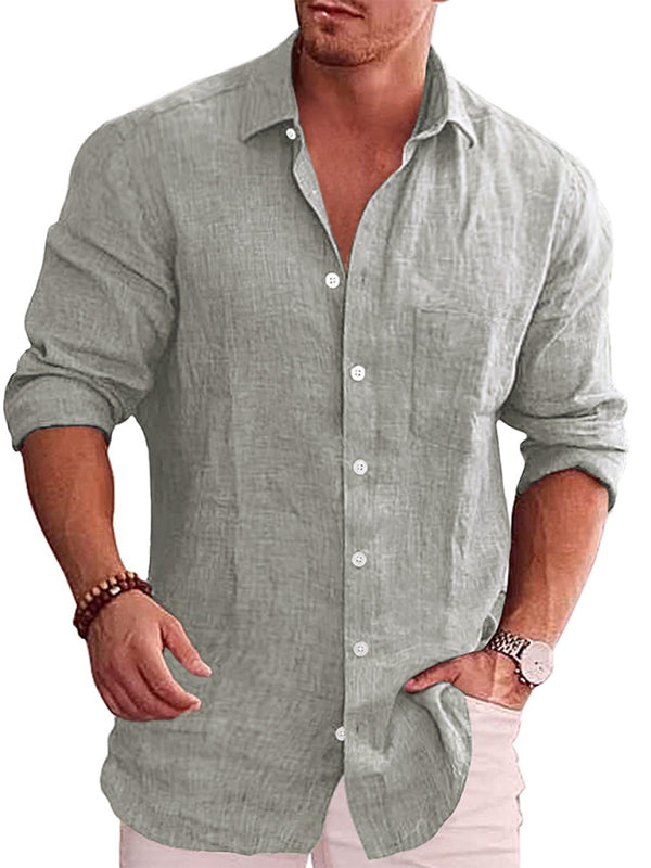 Men's solid color shirt linen lapel long sleeve casual shirt