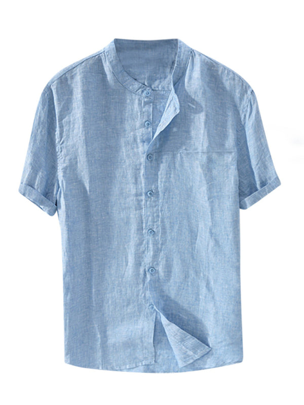 Men's Solid Color Cotton Linen Casual Short Sleeve Shirt