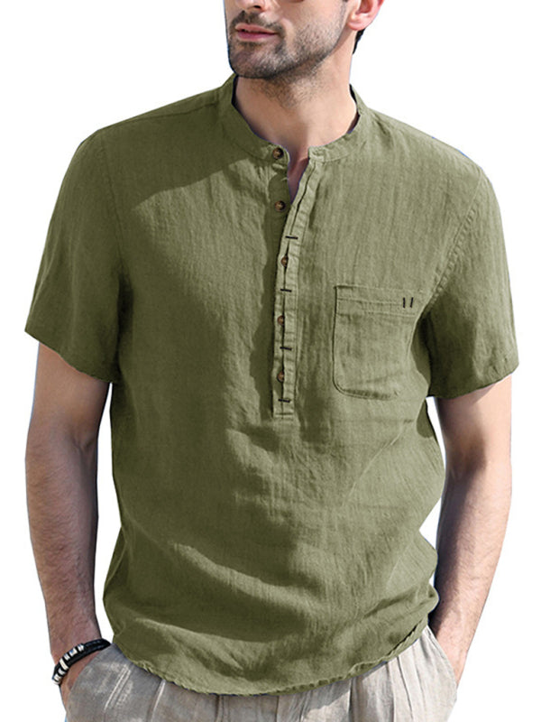 Men's woven solid color short-sleeved cotton and linen shirt