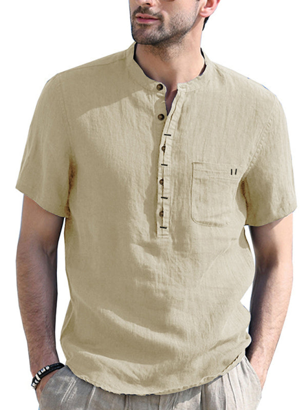 Men's woven solid color short-sleeved cotton and linen shirt