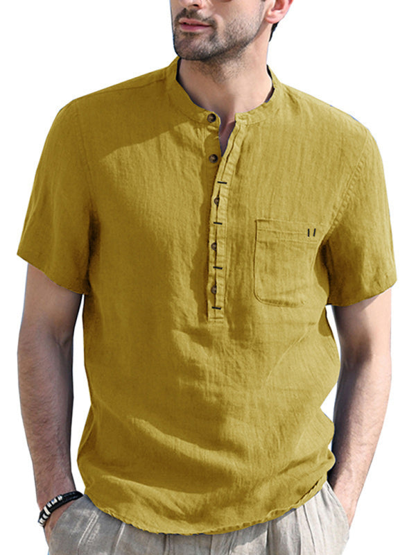 Men's woven solid color short-sleeved cotton and linen shirt