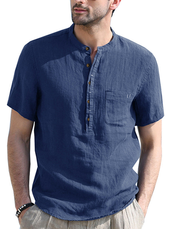 Men's woven solid color short-sleeved cotton and linen shirt