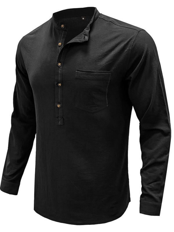 Men's woven solid color long-sleeved cotton and linen shirt