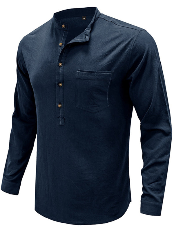 Men's woven solid color long-sleeved cotton and linen shirt