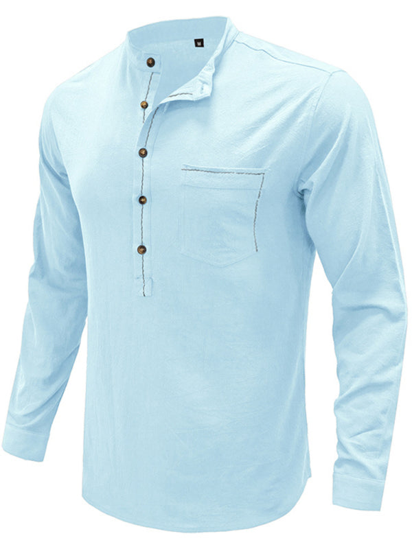 Men's woven solid color long-sleeved cotton and linen shirt