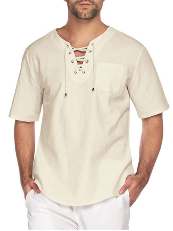 New Men's Short Sleeve T-Shirt Cotton Linen Tie Collar Casual Men's T-Shirt Shirt