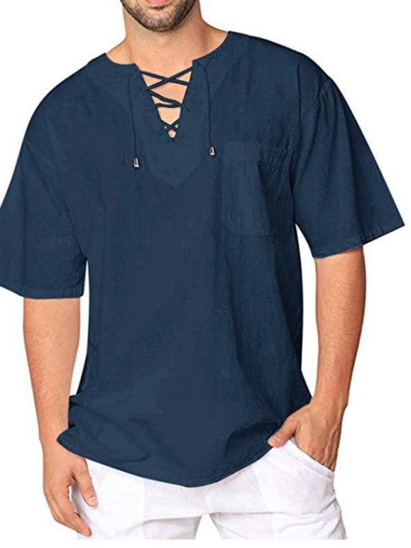 New Men's Short Sleeve T-Shirt Cotton Linen Tie Collar Casual Men's T-Shirt Shirt