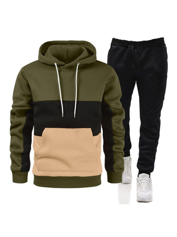 Spliced color men's hoodie sweatshirt loose casual suit