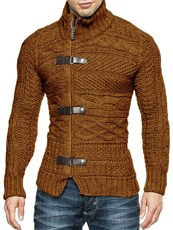 Men's Leather Button Long Sleeve Knitted Cardigan Jacket