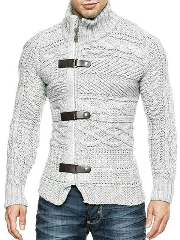 Men's Leather Button Long Sleeve Knitted Cardigan Jacket