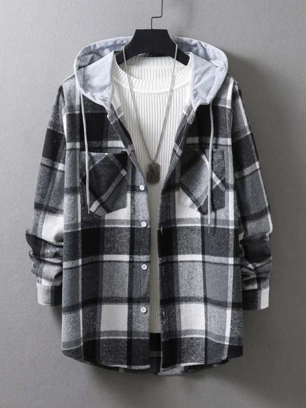 Men's plaid hooded casual jacket shirt coat