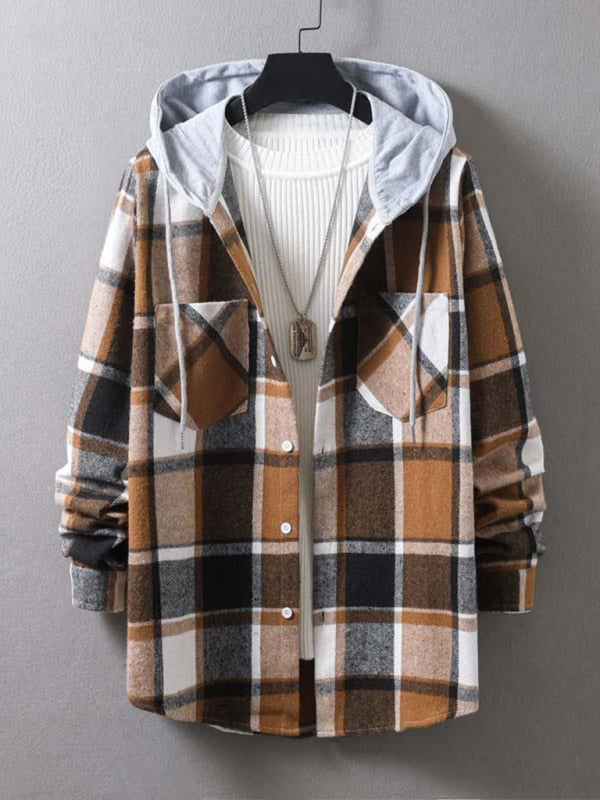 Men's plaid hooded casual jacket shirt coat