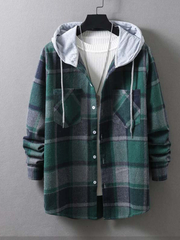 Men's plaid hooded casual jacket shirt coat