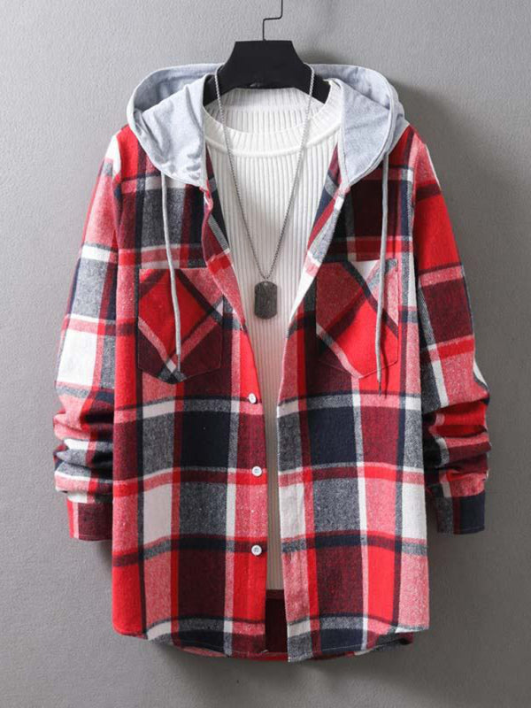 Men's plaid hooded casual jacket shirt coat