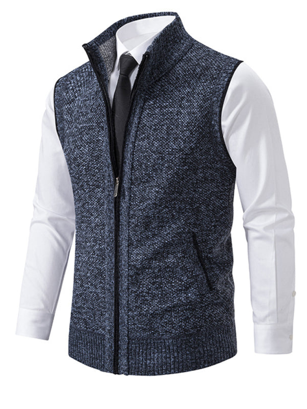 Men's stand collar sleeveless knitted casual thickened lining vest jacket