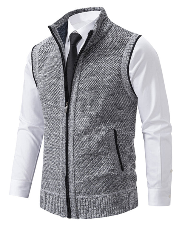 Men's stand collar sleeveless knitted casual thickened lining vest jacket