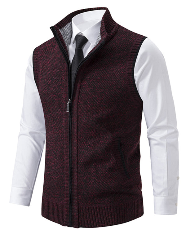 Men's stand collar sleeveless knitted casual thickened lining vest jacket