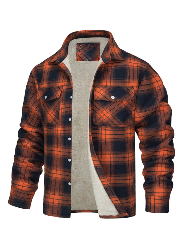 Men's thickened corduroy and velvet long-sleeved plaid patchwork jacket