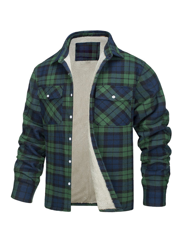 Men's thickened corduroy and velvet long-sleeved plaid patchwork jacket