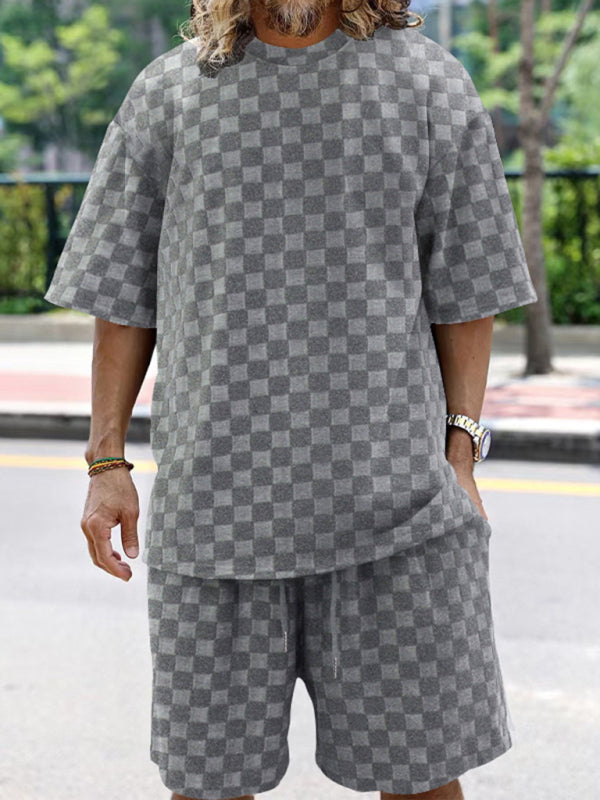 Men's jacquard checkerboard spring and summer loose sports and leisure two-piece suit