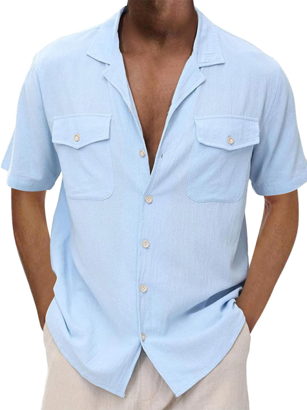 New Men's Casual Cardigan Short Sleeve Double Pocket Shirt