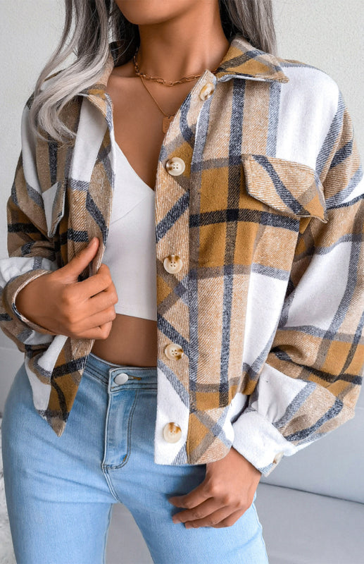 Plaid Lantern Long Sleeve Tweed Jacket Jacket