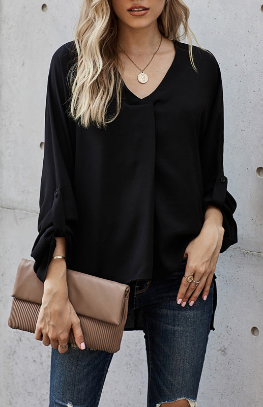 White/Black/Red/Apricot V Neck 3/4 Sleeve High Low Hem Shirt