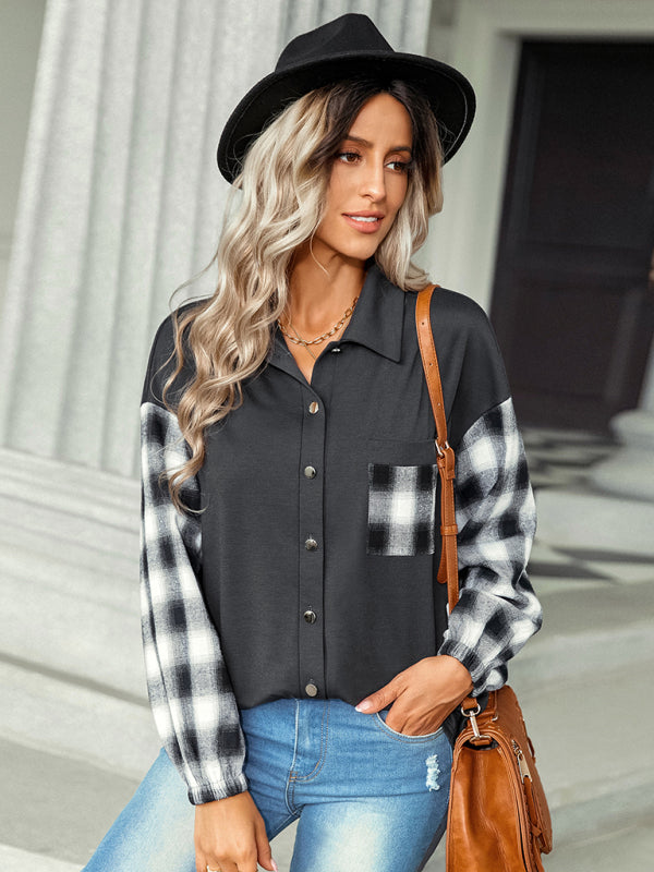 Women's fashion Plaid patchwork Polo loose shirt