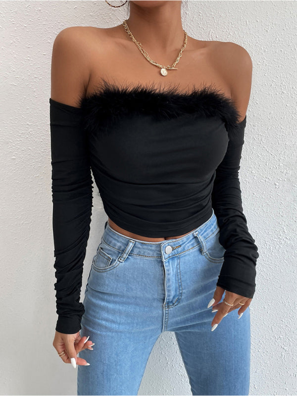 Women's retro hair collar tube top long sleeve collar back top