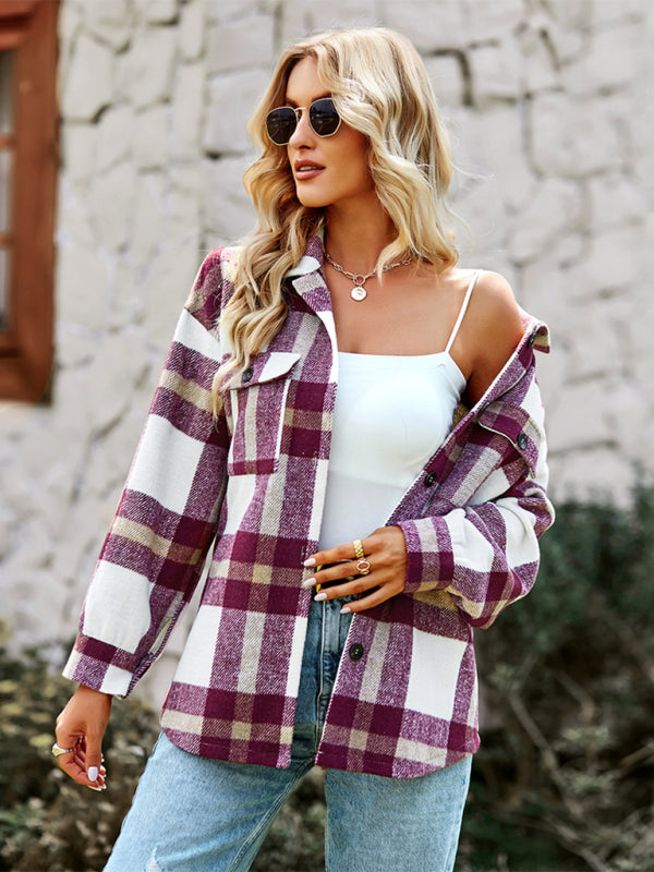 Women's Plaid long sleeve shirt casual coat