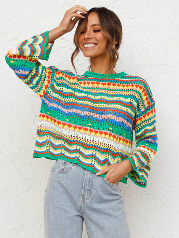 Splicing Knit Sweater Loose Intercolor Foreign Trade Round Neck Striped Sweater Women