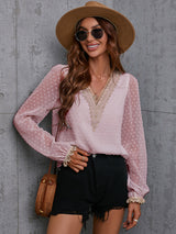 Chiffon solid color stitching lace long-sleeved shirt commuting top