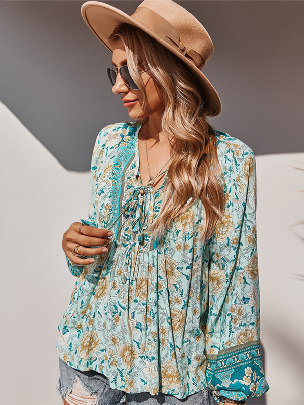 Women's bohemian print resort short sleeve blouse