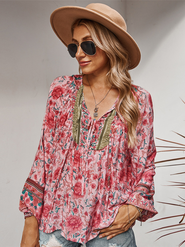 Women's bohemian print resort short sleeve blouse