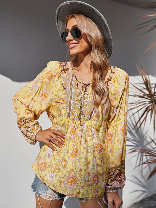 Women's bohemian print resort short sleeve blouse