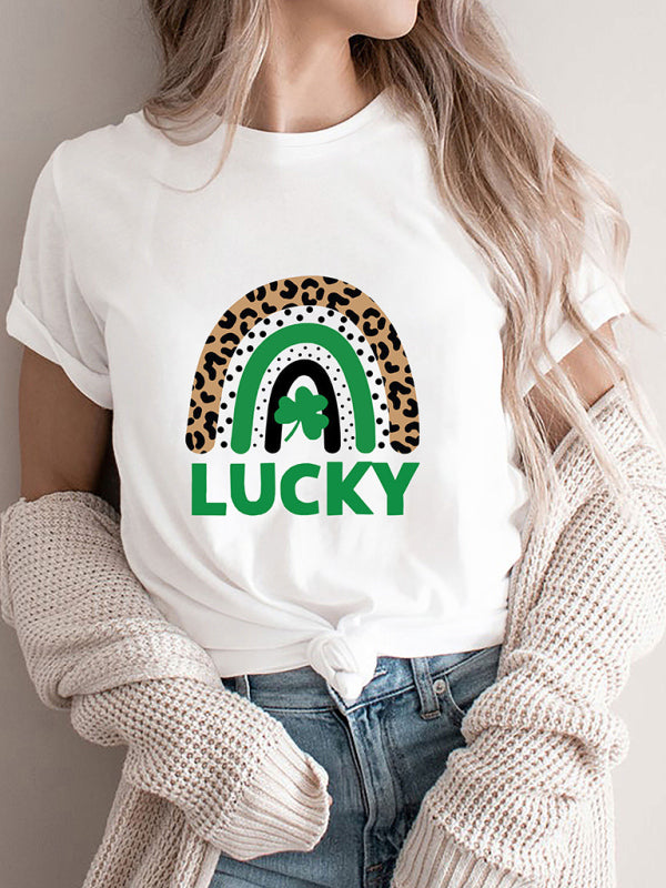 Women's knitted casual round neck four-leaf clover print short-sleeved T-shirt