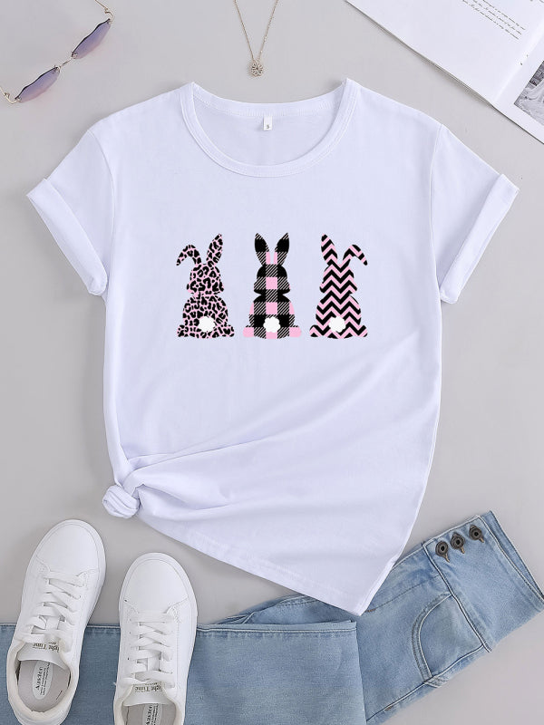 Women's Knitted Round Neck Rabbit Print Short Sleeve T-Shirt