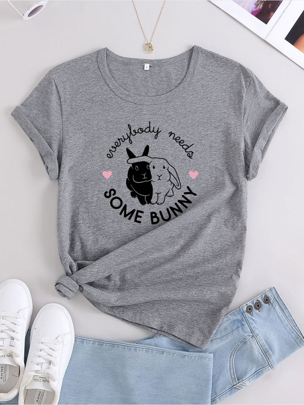 Women's Knitted Round Neck Rabbit Print Short Sleeve T-Shirt