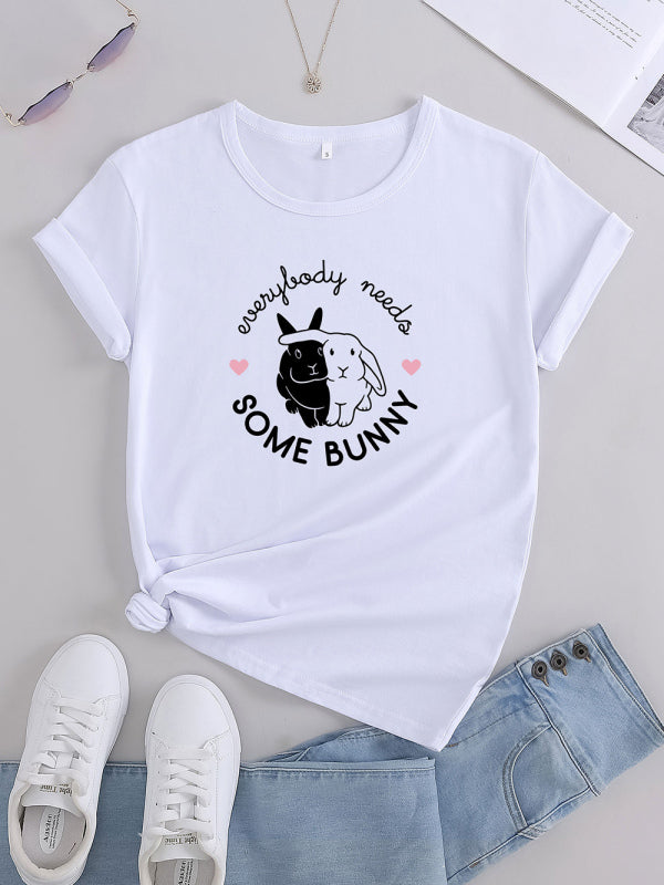 Women's Knitted Round Neck Rabbit Print Short Sleeve T-Shirt