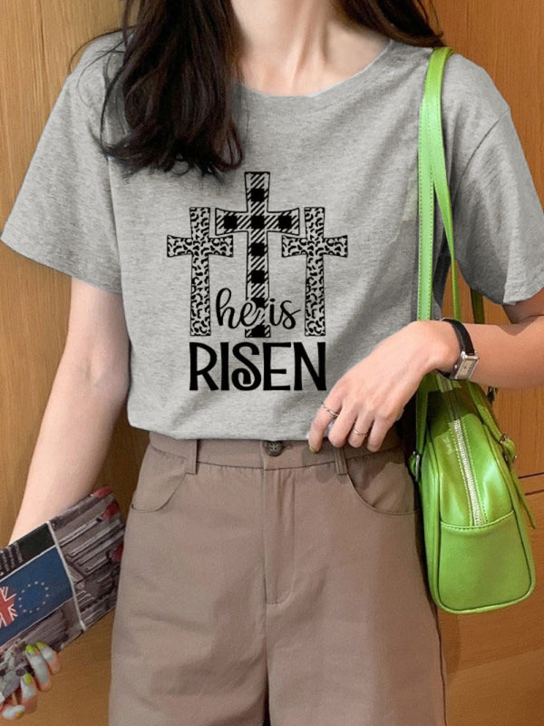 Women's Knitted Round Neck Cross Print Short Sleeve T-Shirt