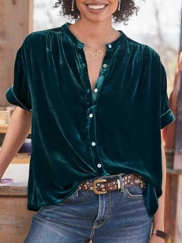 Gold velvet solid color short-sleeved round neck shirt shirt