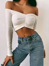 Women's navel cropped cropped slim-fit off-shoulder long-sleeved top